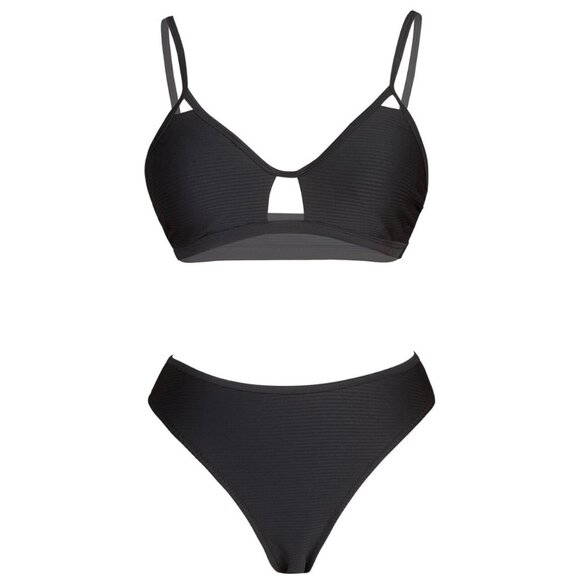 Cupshe Women’s Bikini XS Black Ribbed Cutout Top High Leg Cheeky Swim Set - Picture 7 of 8